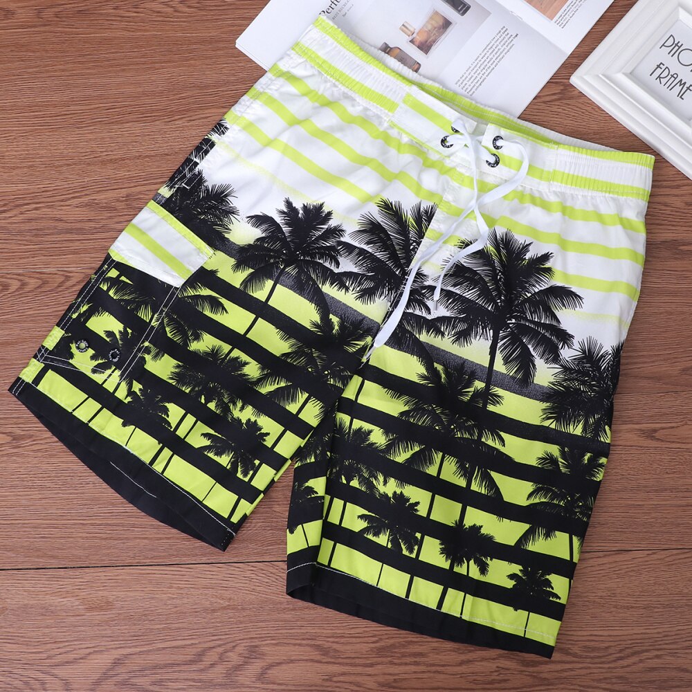 Men Fast Dry Beach Shorts Palm Tree Casual Surfing Swimming Trunks with Pockets - Size (Yellow)