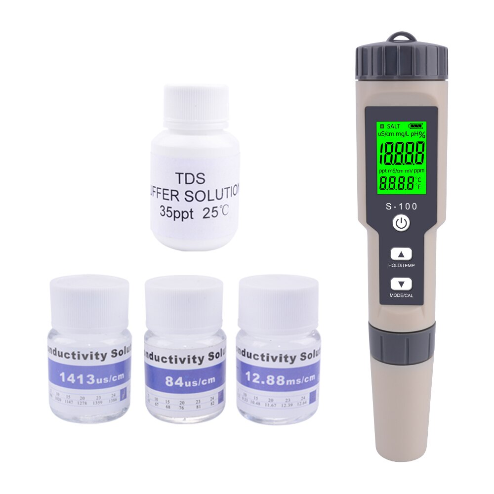 Yieryi S-100 Digital Salinity Meter 4 in 1 TDS/EC/Salinity/TEMP Water Tester with TDS&EC Calibration Solution Buffer: with backlight