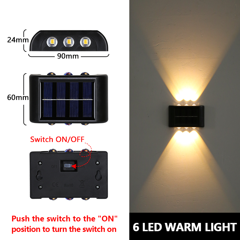 Wandleuchte, LED-Solarleuchte, Perlen nach oben und unten, Sonnenlicht, solarbetrieben, für Outdoor-Gartendekoration, wasserdicht, 4, 6, 8 LEDs, Strahler: orange