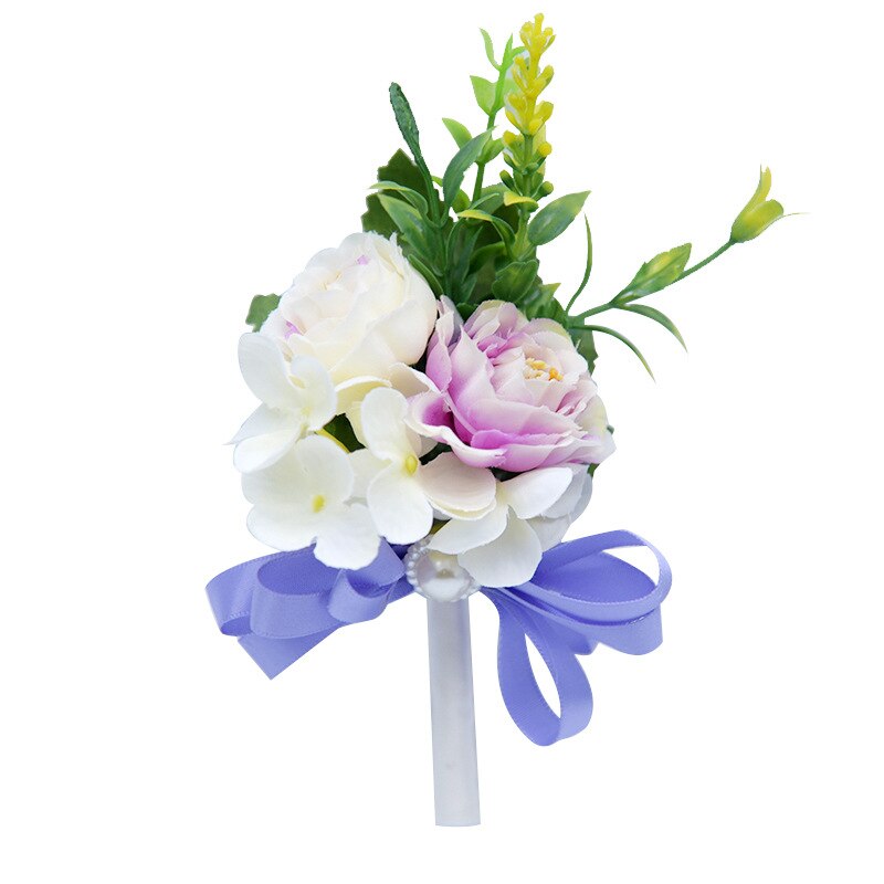 Janevini lichtpaars kunstmatig pioenroos bruidsboeket met lint en zijden bloemen, bruidsboeket met parels en broche: Lichtpaarse corsage