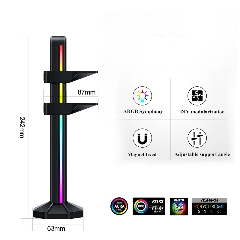 RGB Vertical VGA Holder 12V 4pin/5V 3pin ARGB GPU Support,Graphics Card Bracket Stand,Jack MOBO AURA SYNC,Black/White/Pink