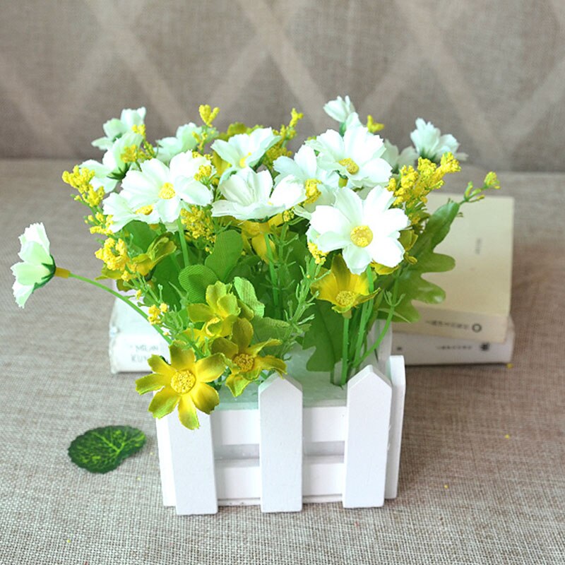 1 sett tregjerdevase + blomsterrose og tusenfryd silke kunstige blomster hjemmedekorasjon hageinnredning bursdag: E