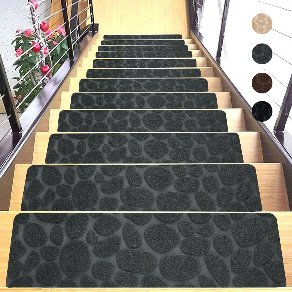 Self-adhesive Staircase Mat Non-Slip Safety Stair Tread Carpet Mat Soft Stripe Protection Cover Pads Home Decor: black