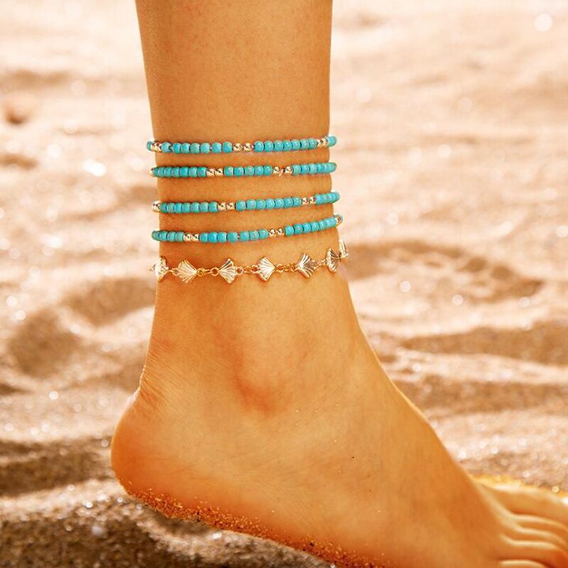5 Stks/partij Blauw Turkoois Kralen Enkelbandje Armband Op De Been Goud Kleur Shell Multilayer Enkelbanden Voor Vrouwen Strand Voet sieraden