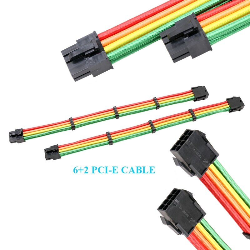 Basic Extension Cable Kit, Rainbow Colors 1Pcs Atx 24Pin/Eps 4+4Pin/2Pcs Pci-E 6Pin /2Pcs 6+2Pin Extension Cable