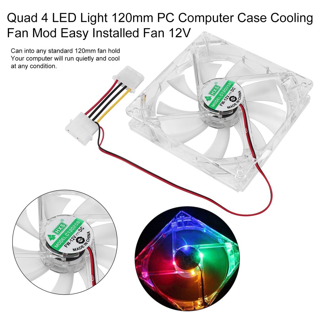 PC Computer Fan Quad 4 LED Light 120mm PC Computer Case Cooling Fan Mod Quiet Molex Connector Easy Installed Fan 12V