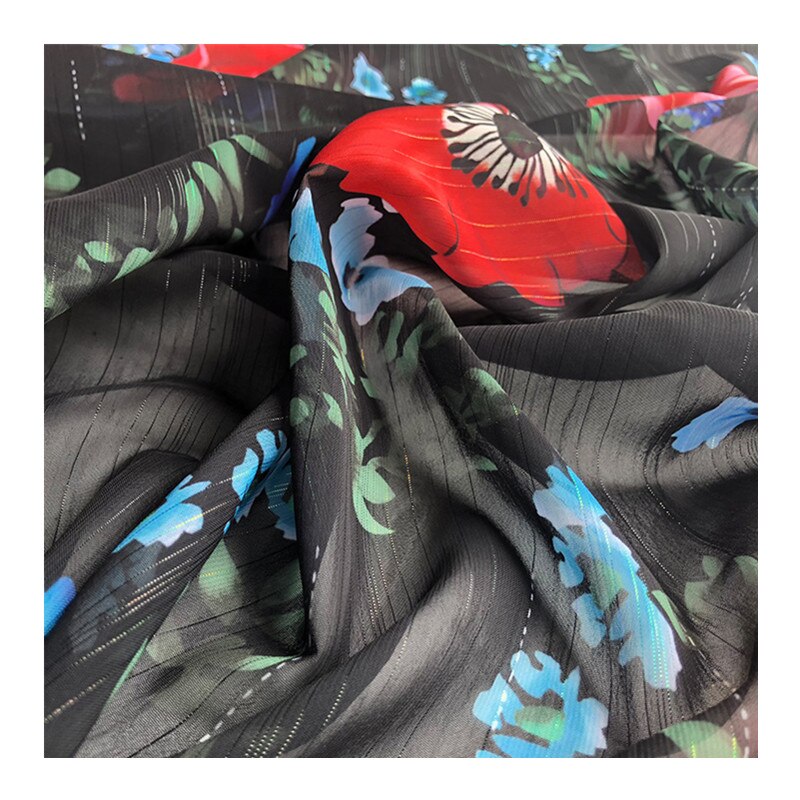 Poppy flower printed gold silk smooth fabric 145 cm width dress fabric custom express