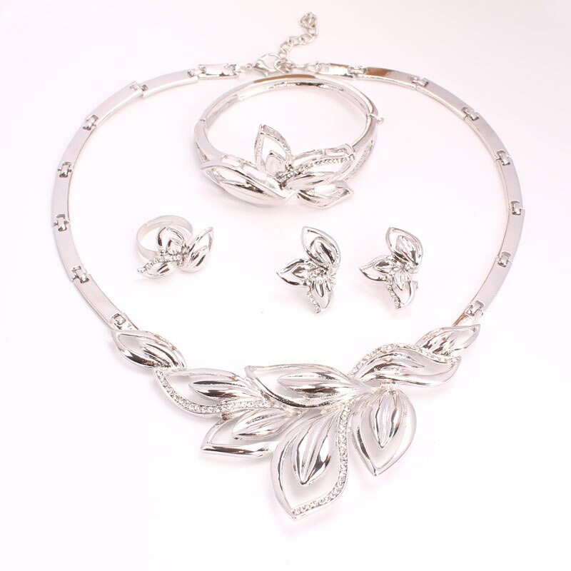 Neueste Neue Afrikanischen Kostüm Schmuck setzt Silber Überzogene Blätter bilden Halskette einstellen Hochzeit Elegante Kostüm Schmuck-einstellen: 4pc Silber-
