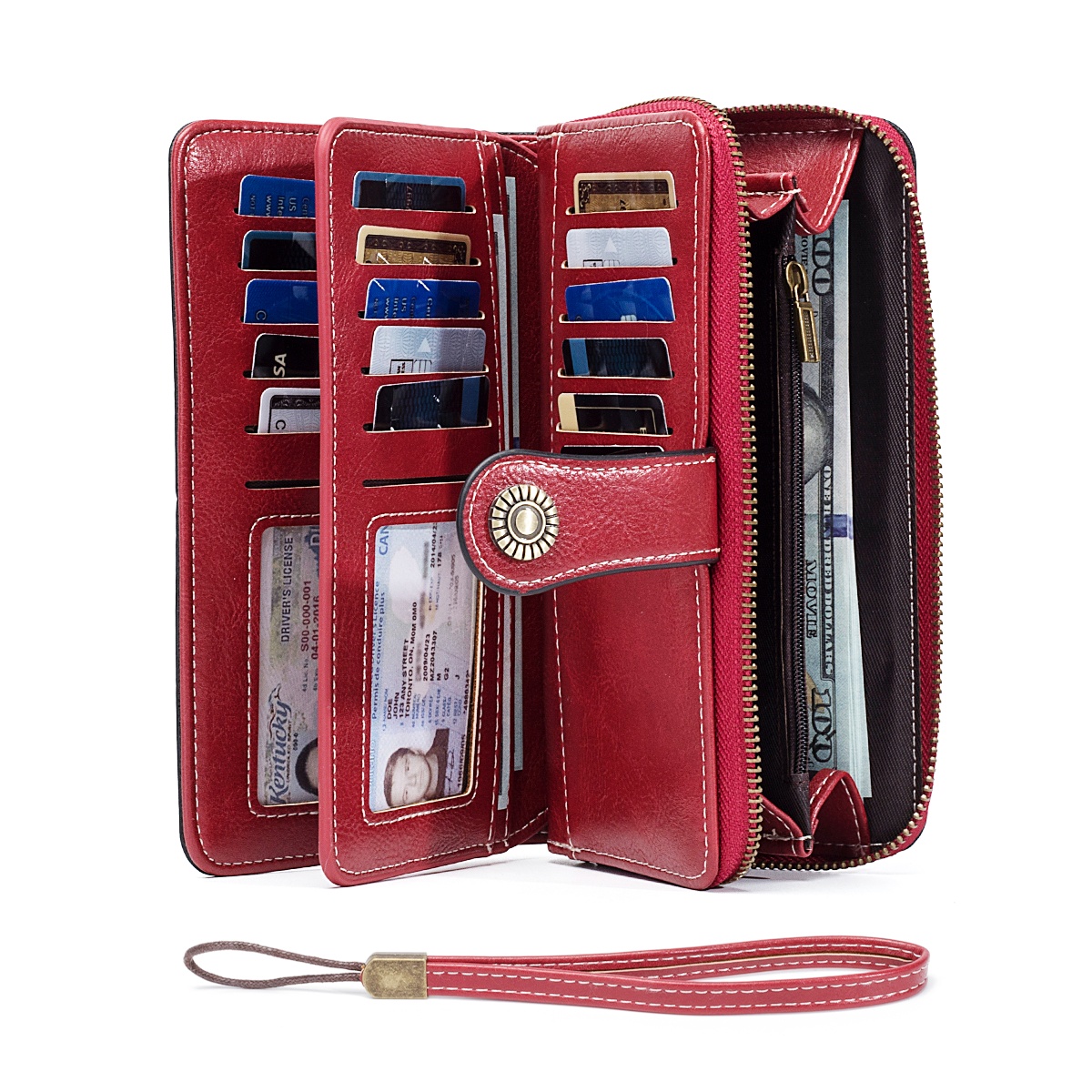 Rfid Anti-Theft Wallet for Men and Women, European and American Retro Leather Long Wallet Clutch, Oil Wax Leather Cut Out Multi-Card Slot Wallet, Large Capacity Zipper 70% off Clutch Bag, Card Holder Coin Purse Hand Bag: Burgundy