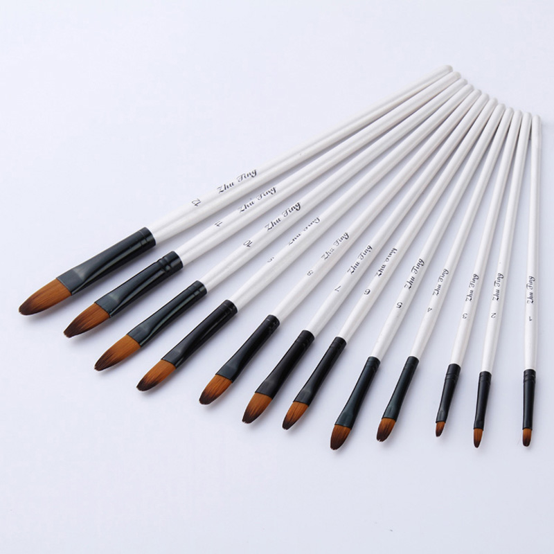12 Stks/set Nylon Haar Aquarel Kwast Pen Set Voor Leren Diy Houten Handvat Olie Acryl Schilderen Art Penselen Levert: Tongue