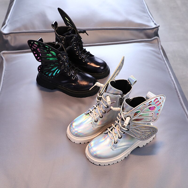 Girls Short Boots Princess Super Shine Butterfly Wings 2022 Winter Big Children Martin Boots Velvet Sweet Kids Boots