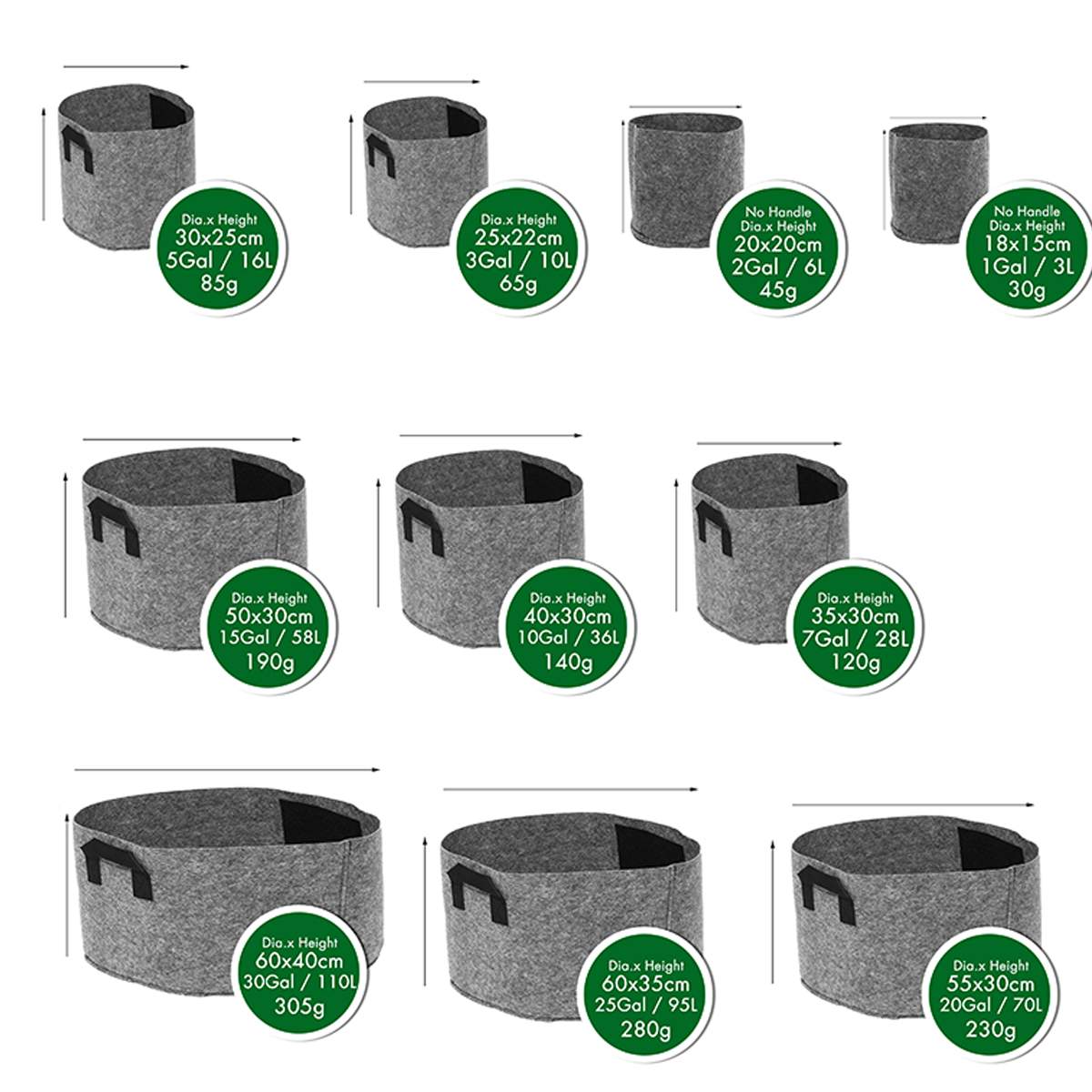 Ikke-vævet filt 1-30 gallon stof vokseposer åndbare potter planter rod pose container plante smarte potter med håndtag have su