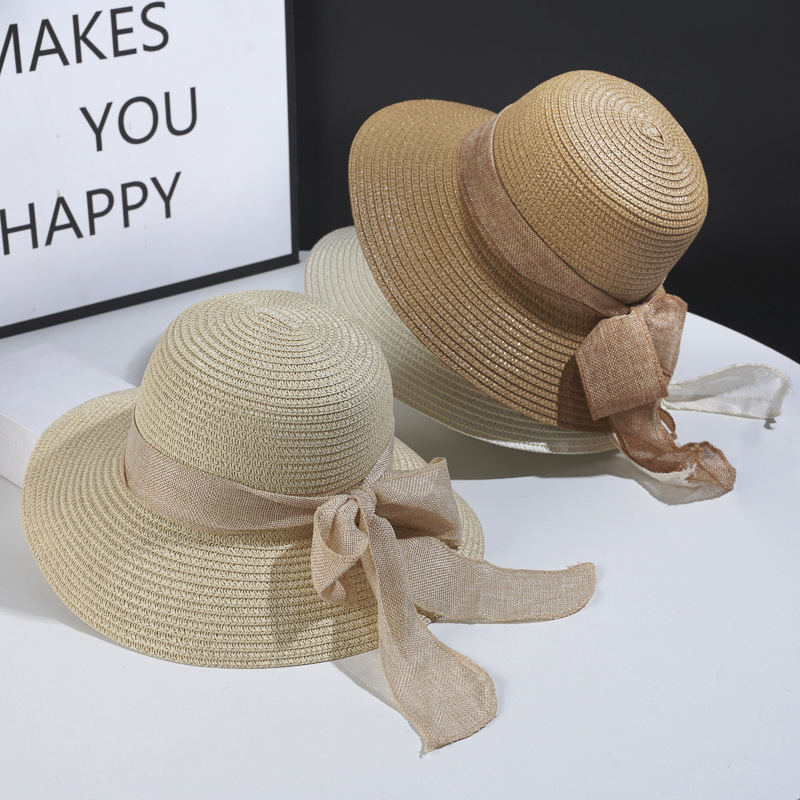 Beach Hat Japanese Everything Hairy Edge Straw Hats Female Summer Flat Top Outing Sun Hats Small Fresh Bow Sun Shade Beach Hat