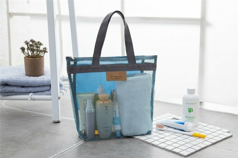 Portable Travel Mesh Zipper Cosmetic Bag Wash Storage Tote Bag Net Sheer Makeup Bag Pouch: Sky Blue