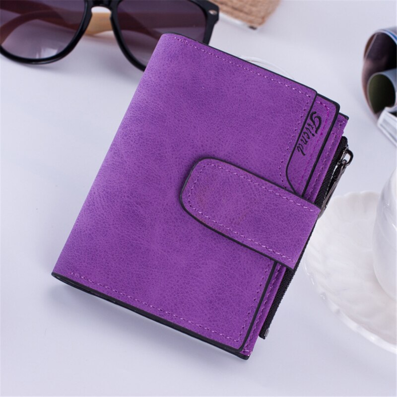 Small Female Purse Short Purse Lady Letter Snap Fastener Zipper Short Clutch Wallet Solid Vintage Matte Women Wallet: Purple