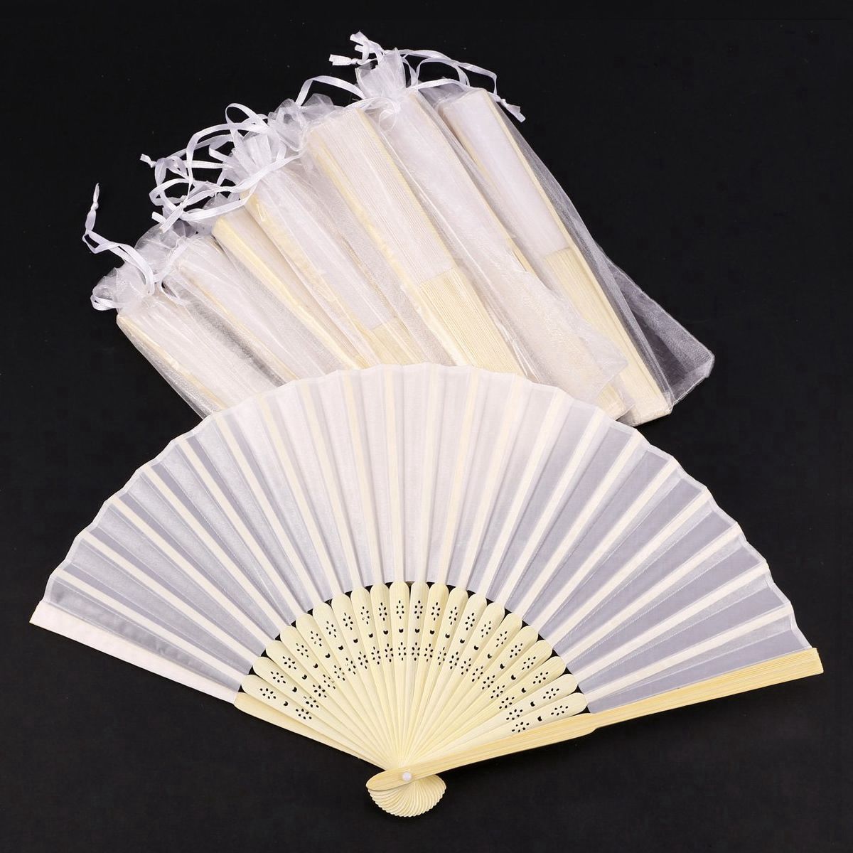 24 pcs/lot White Folding Silk Hand Fan with bag Wedding &amp; Party 21cm