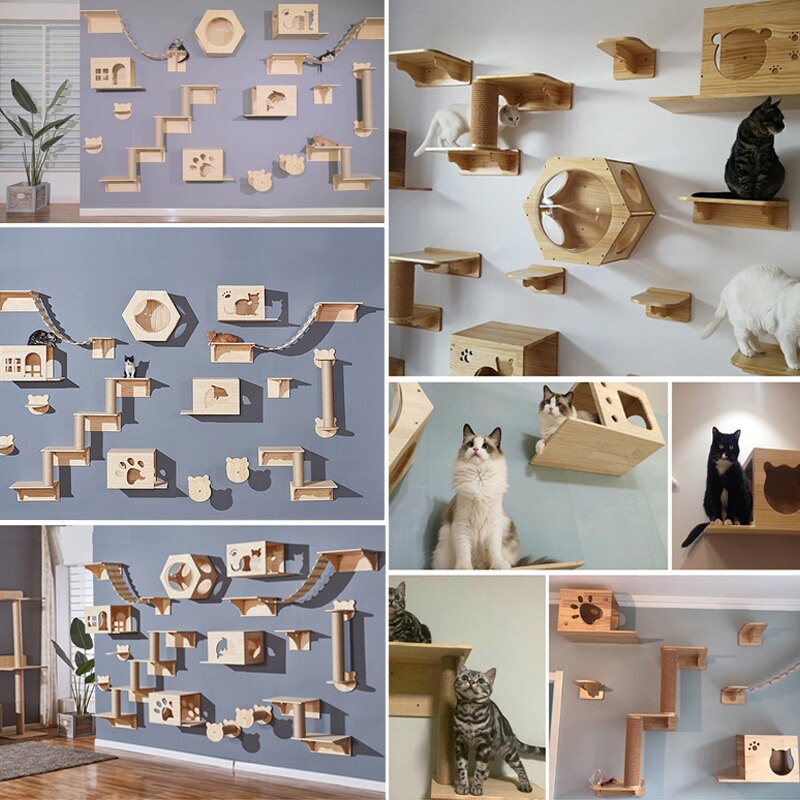 Household wall-mounted cat climbing frame solid wood wall-mounted cat jumping platform round cat stairs durable cat springboard