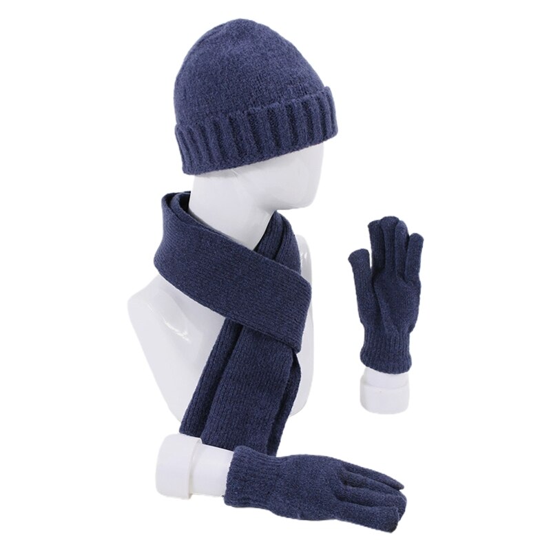 Unisex Winter 3 Stuks Beanie Hoed Lange Sjaal Handschoenen Set Effen Kleur Gebreide Warmer F3MF: Marineblauw