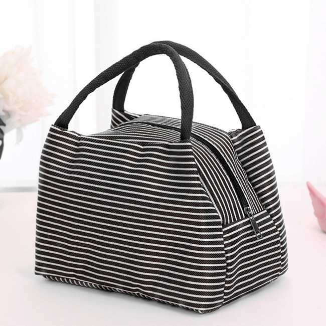 Leisure Women Portable Lunch Bag Canvas Stripe Insulated Cooler Bags Thermal Food Picnic Lunch Bags Box Kids Ice Pack Tote: Black