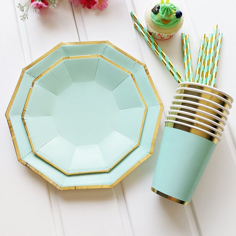 24pcs/set Disposable Tableware Set Green Pink Blue Regular Decagon Paper Plate Cups For Wedding Birthday Party Picnic Supplies: green