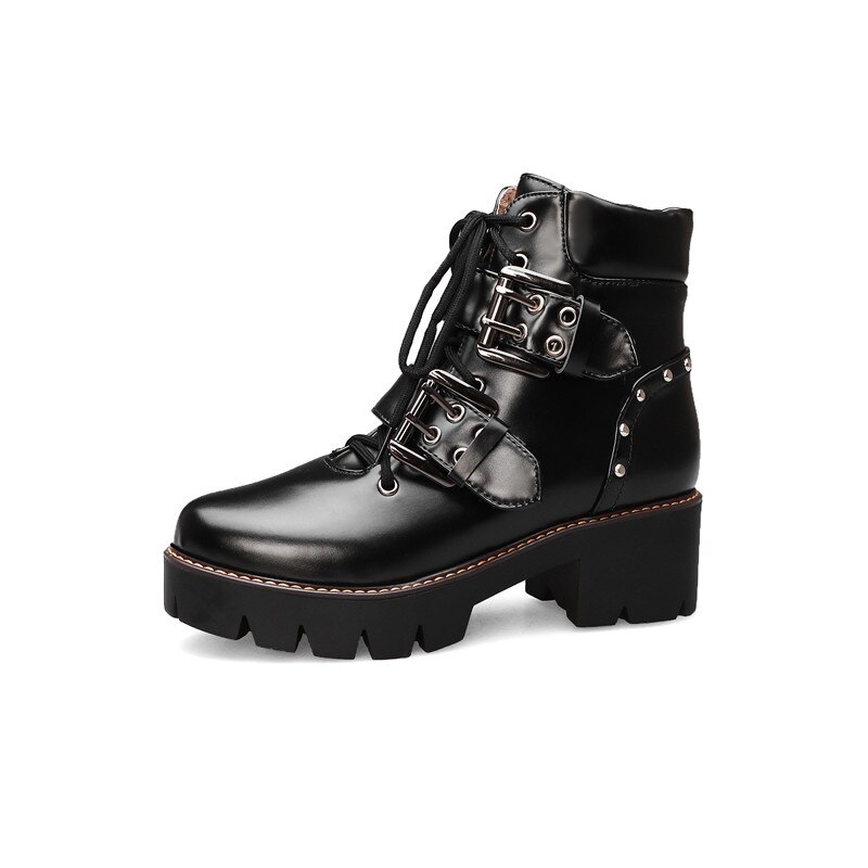 Morazora klassiska dam ankelboots spänne nit leopard fyrkantiga klackar plattformsstövlar höst vinter punk skor kvinna: Svart / 9
