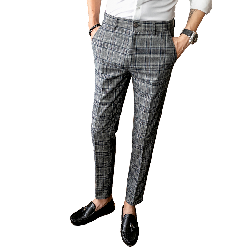 British Formal Suit Pants Men's Brown Classic Plaid Suit Pants Men's Casual Business Slim Office Work Pants Pants