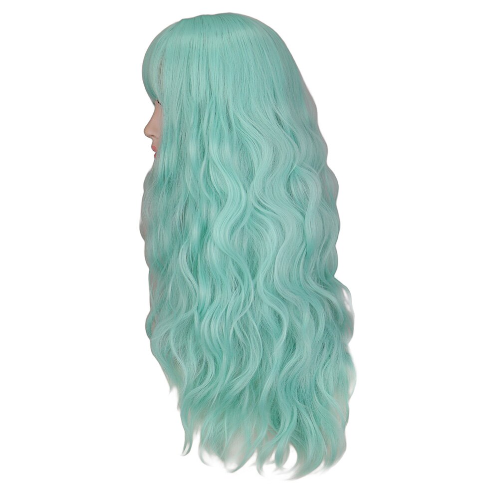 Extravagante w longo ondulado perucas peruca feminina com franja resistente ao calor sintético hortelã verde para afro-americano cosplay cabelo