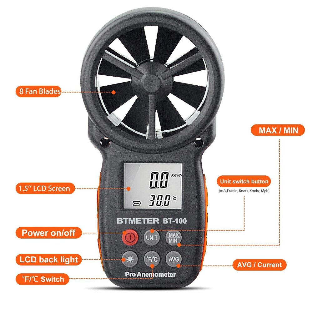 Digital Anemometer Handheld Wind Speed Meter BT-100 For Measuring Wind Speed, Temperature And Wind Chill With Backlight LCD