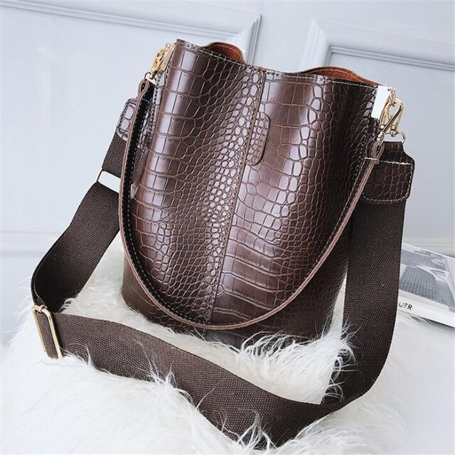 Yogodlns – sac à bandoulière motif Crocodile pour femmes, sacs en cuir Pu, sacs seau grande taille rétro Large sangle: Brown