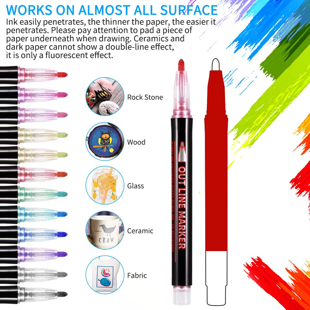 12pcs Outline Metallic Marker Pen Doodle Markers Double Line Magic Shimmer Paint Pens With 8 Small Cards