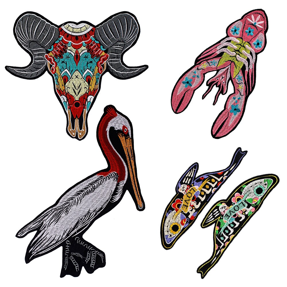 1 Juego de parches de animales de oveja de cabra Pelecanus, parche de pájaro de langosta bordado de flor de pez de amor, apliques, parches de planchado en camiseta, artesanía de ropa