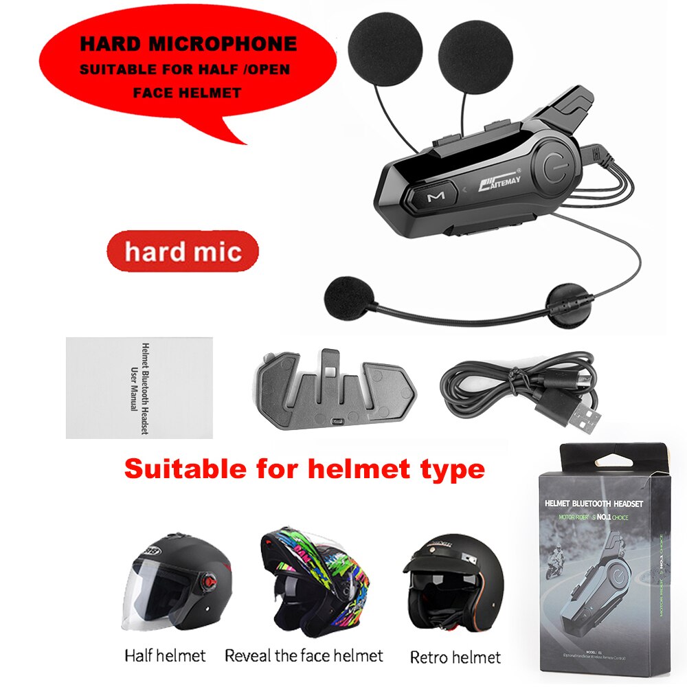 Kebidu-oreillette Bluetooth pour moto, appareil de communication pour casque, Intercom pour 2 motocyclistes, sans fil, portée 100M, musique: 1 x Hard Mic set