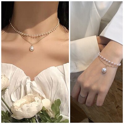 Kpop Perle Choker Halskette Frauen Nette Mädchen Gold farbe Doppel Schicht Kette Perle Anhänger Korean Schmuck Frau Kragen: 12.Pearl set