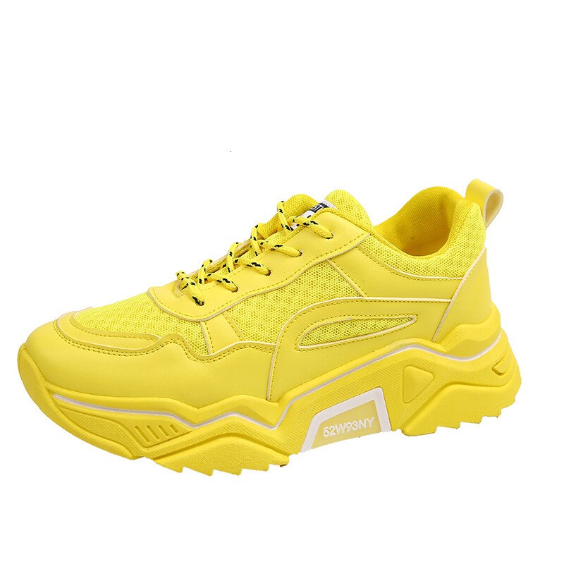 Kvinnors clunky sneakers höjdökning grön gul vit färg tjock sula air mesh kvinna vardagsskor: Gul / 7.5