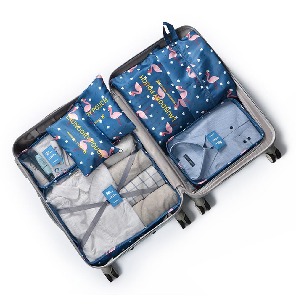 S.IKRR Nylon Packing Cubes Travel Bag Women Waterproof Large Luggage Organizer Set 7pcs Clothes Storting Pouch Cosmetic Bag: Dark Blue Flamingo