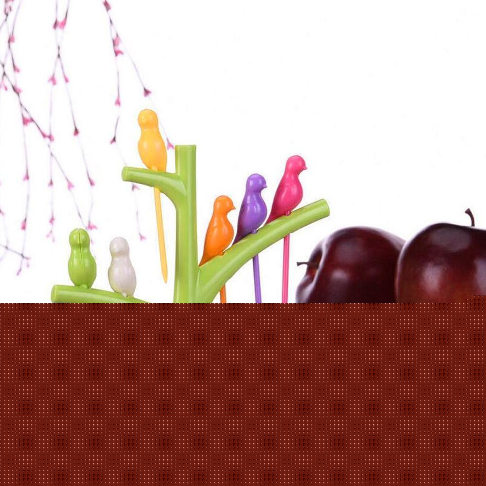 1 Stand+6 Forks Toothpick Fruit Tool Kitchen Gadget Birds Tree Birdie Fruit Fork Cartoon Tree Shape Party Fork Tableware Set