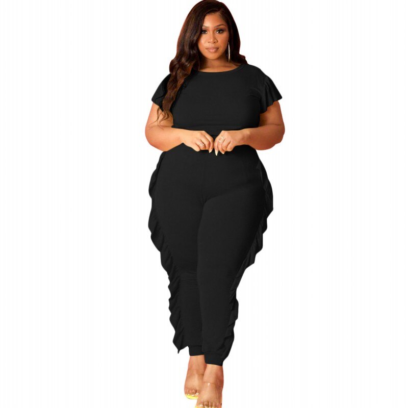 4XL Plus Size Casual Women Set Short Sleeve T Shirt Top And Ruched Splice Pant Suit Solid Streetwear 2 Piece Set Outfits