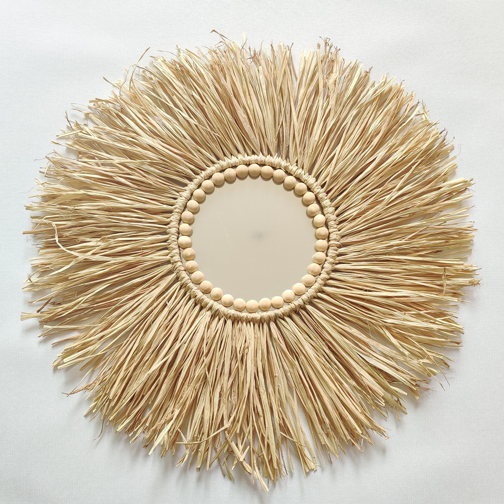 Espejo de paja tejido redondo nórdico, cuentas de madera marroquí, espejos colgantes de maquillaje, adornos de pared, artesanía para decoración del hogar: A