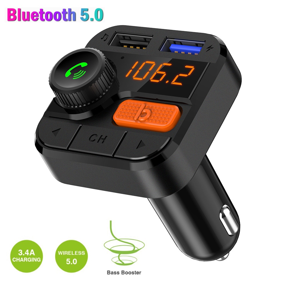 Konrisa Bluetooth 5.0 Fm-zender Modulator Bass Muziek Handsfree Carkit Radio MP3 Speler Ondersteuning Tf-kaart U-Schijf usb Charger