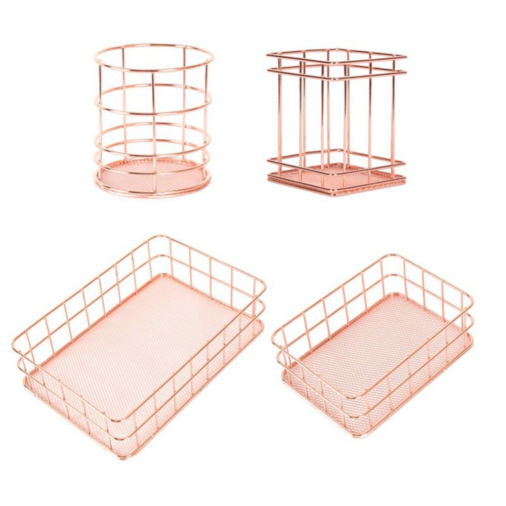 4 stilar rosa guld metall förvaring korg kosmetiska arrangör hållare skrivbord kök badrum hylla heminredning tillbehör