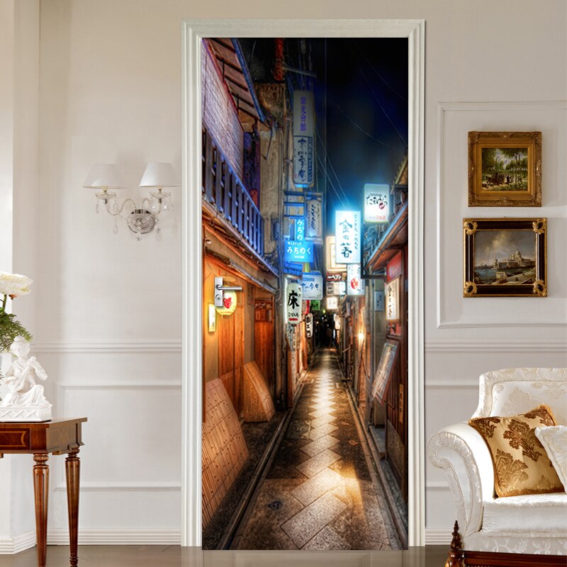 Prosperous World Street Decoration Door Stickers Bedroom Home Decoration Self-Adhesive Two-Piece Signature Night View Waterproof