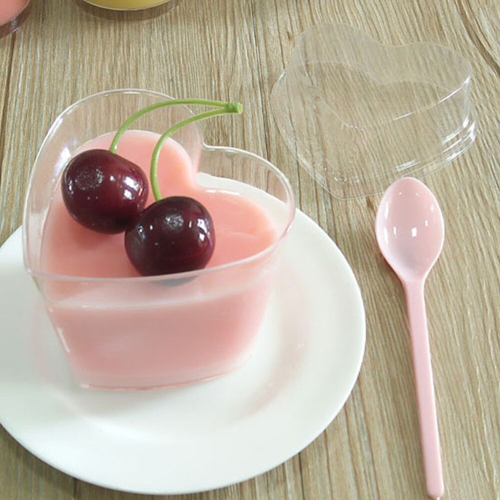 10 Sets 150ml Transparent Jelly Pudding Cup Mousse Dessert Container Heart Shape Bowl (Cup+Spoon+Lid)