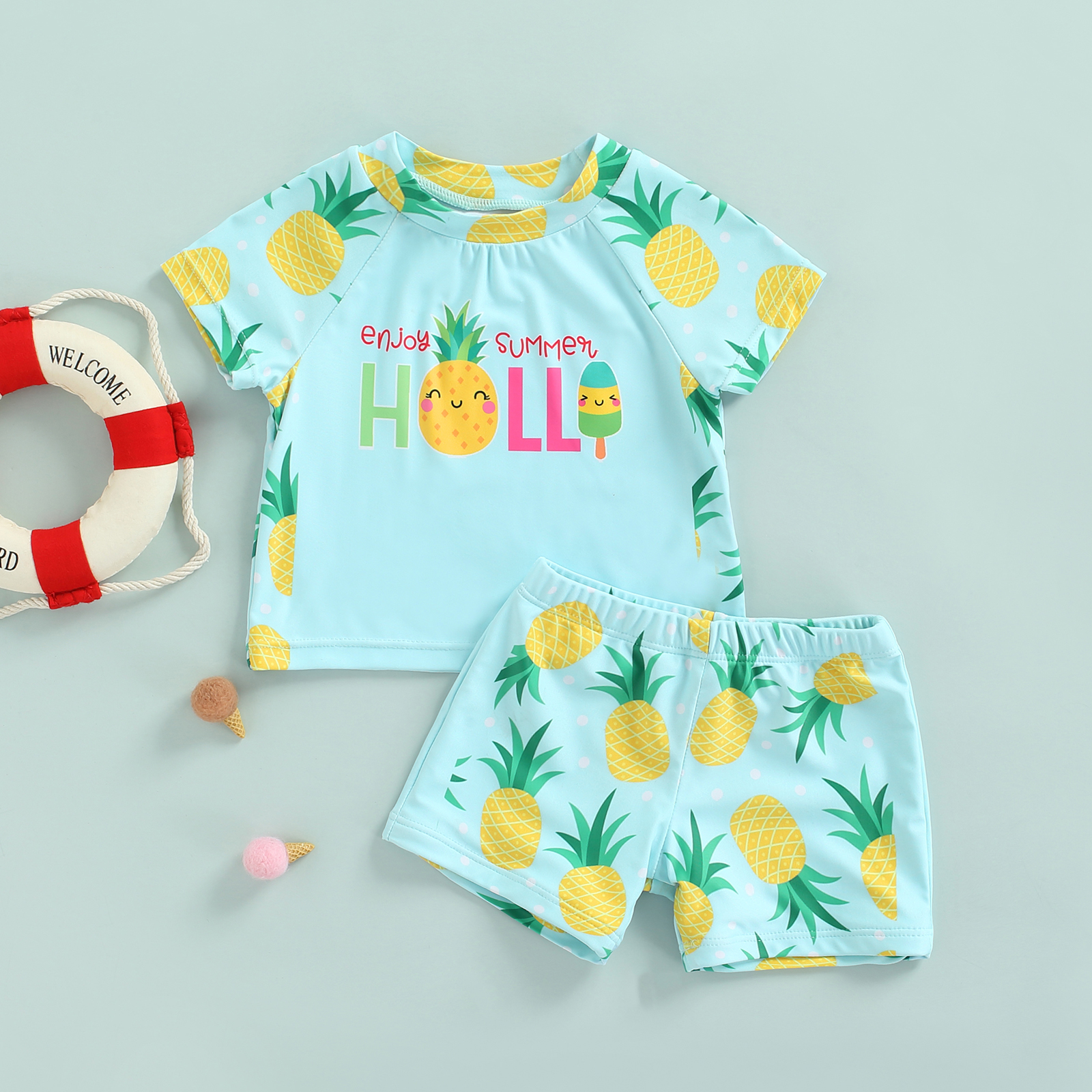 Crianças meninos moda nadar trunks conjunto carta abacaxi impressão manga curta camiseta e shorts de duas peças banho