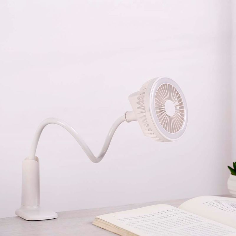 Rechargeable Flexible USB Fan with LED light 2 Speed Adjustable Air Cooling Clip Fan for Camping Hiking BBQ Home Office: White