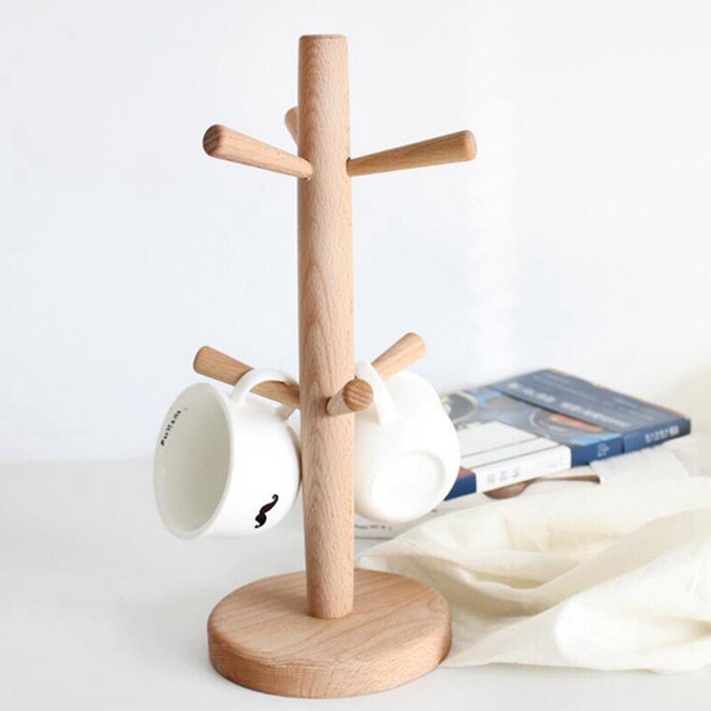 Soporte de madera para taza de café, estante de soporte de tronco de árbol de haya, 6 soporte para tazas y copas, soportes de despensa para encimera, colgador de estantes para tazas, exhibición de cocina