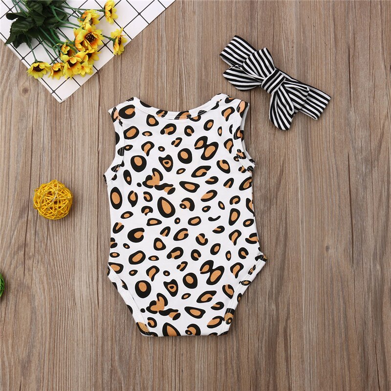 Zomer Baby Jumpsuits 3-12M Peuter Pasgeboren Baby Jongen Meisje Katoenen Romper Jumpsuit Luipaard Outfits Kleding + Hoofdband