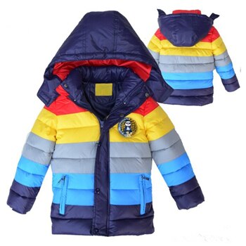 Winter Keep Warm Boys Jacket Long Style Color Stripe Thick Coat For Kids Children Hooded Outerwear Clothes: JK189-Blue / 3T