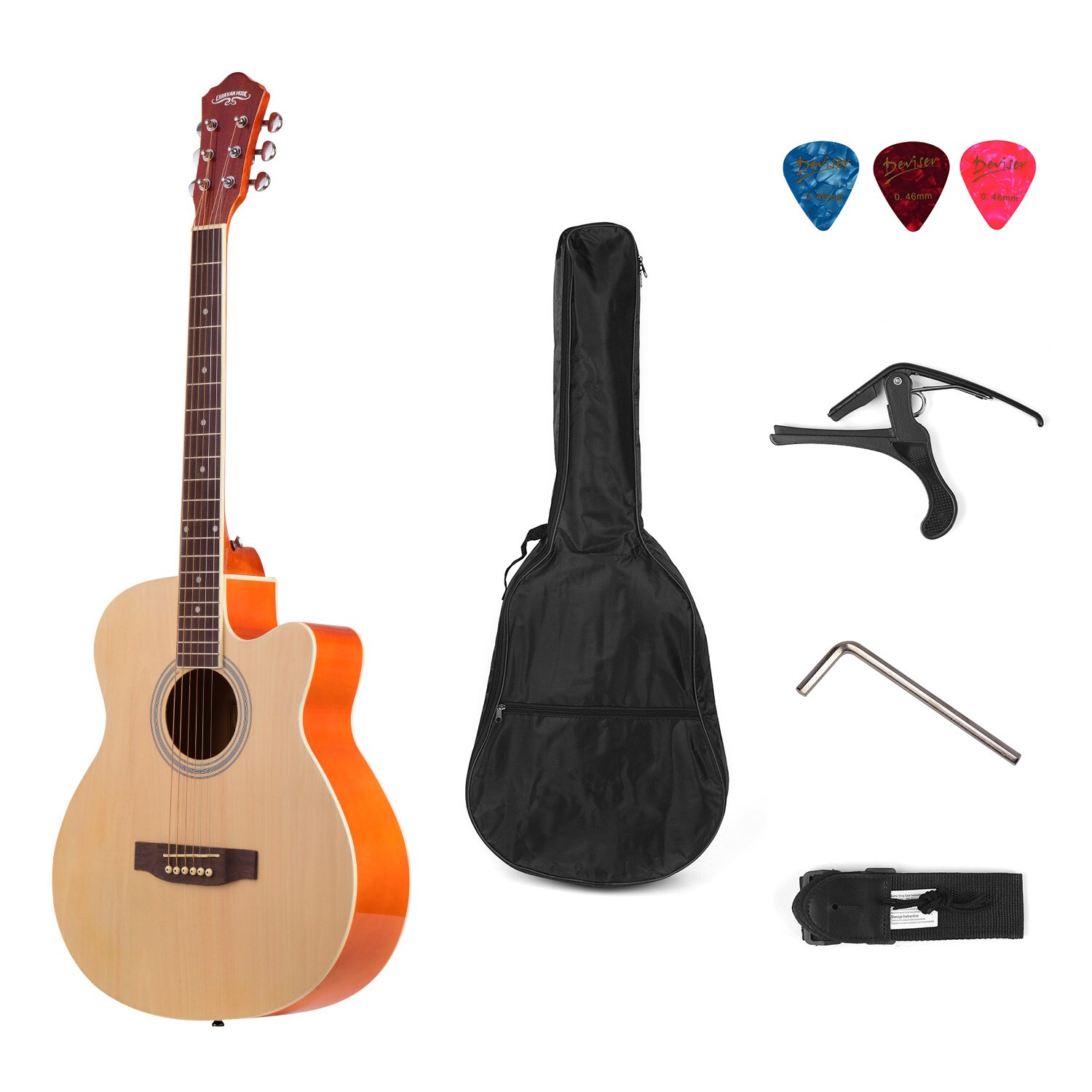40inch Cutaway Acoustic Folk Guitar 6 Strings Basswood with Strap Gig Bag Capo Picks Guitar Accessories:  Natural