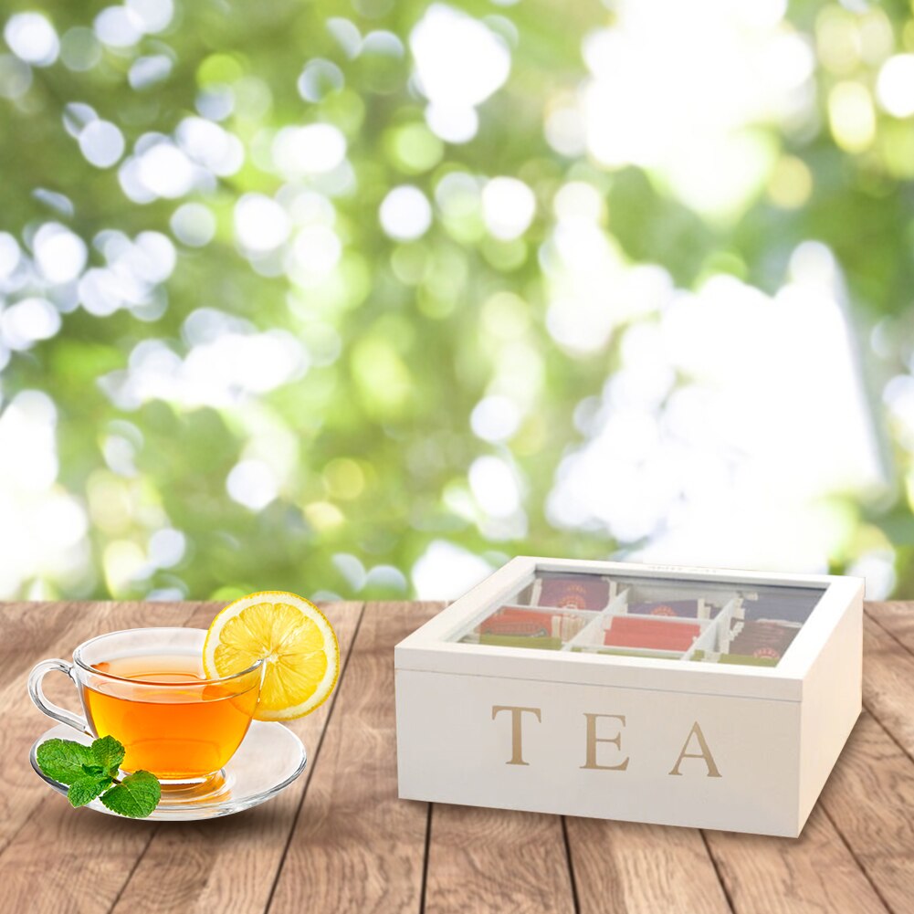 Portable Bamboo Tea Box With Lid 9-Compartment Coffee Tea Bag Storage Holder For Kitchen Cabinets Organizer