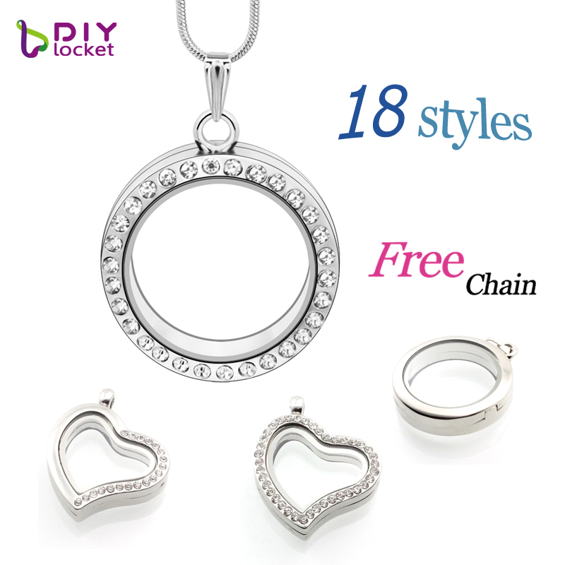 Diylocket-colgante de cristal magnético para collar, relicario flotante de 30mm con foto de memoria, 18 estilos, cadenas gratis, LSFL01-06